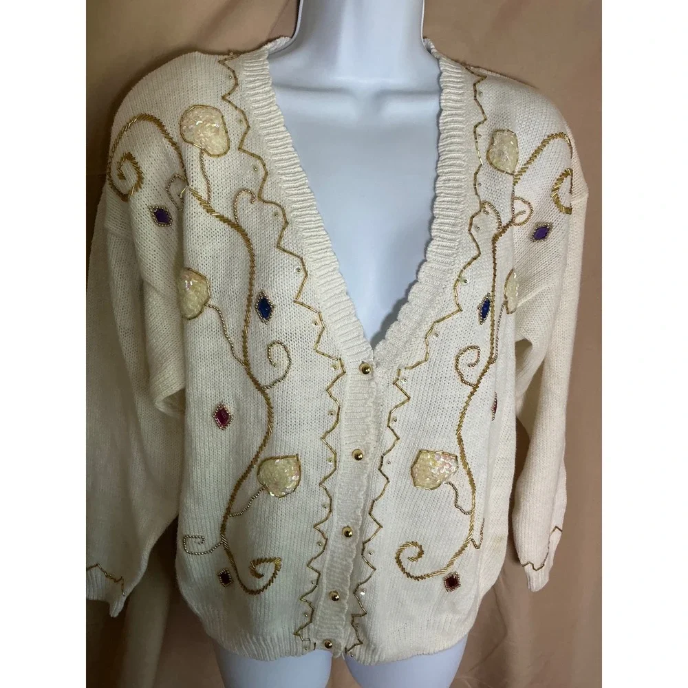 Exclusive Imports Cardigan Womens Medium Cream NWT Beaded Sequin Vintage V-Neck